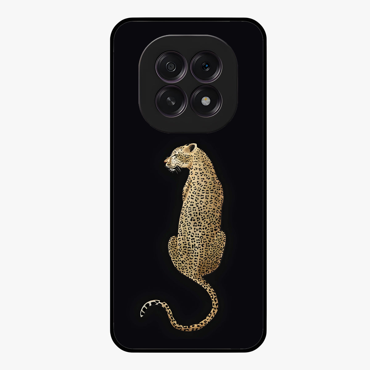 Regal Leopard Glass Case showing flat back view with bold leopard artwork and glossy glass finish.