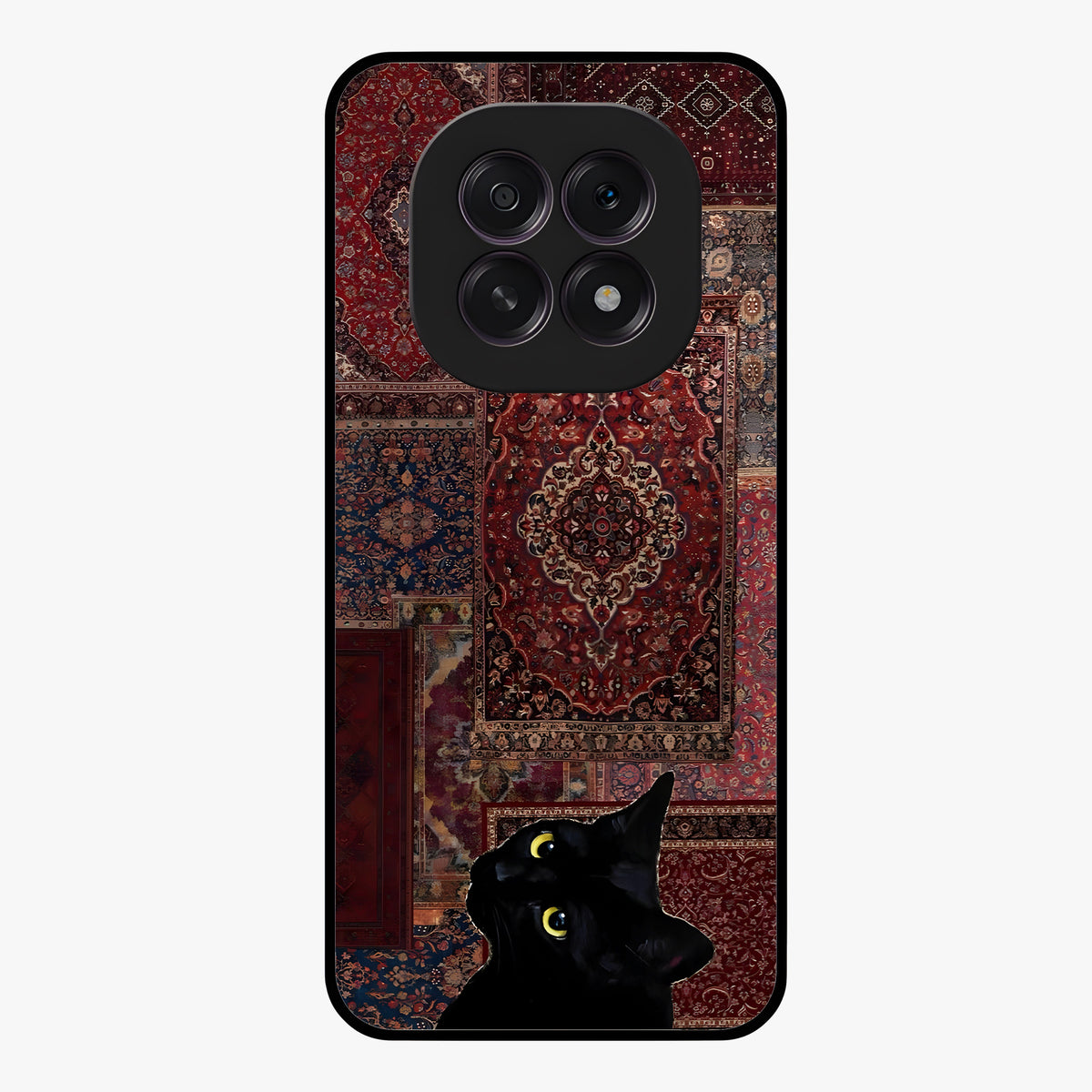 Regal Magic Cat Apple Glass Case showing flat back view with magical cat artwork holding apple and glossy glass finish.