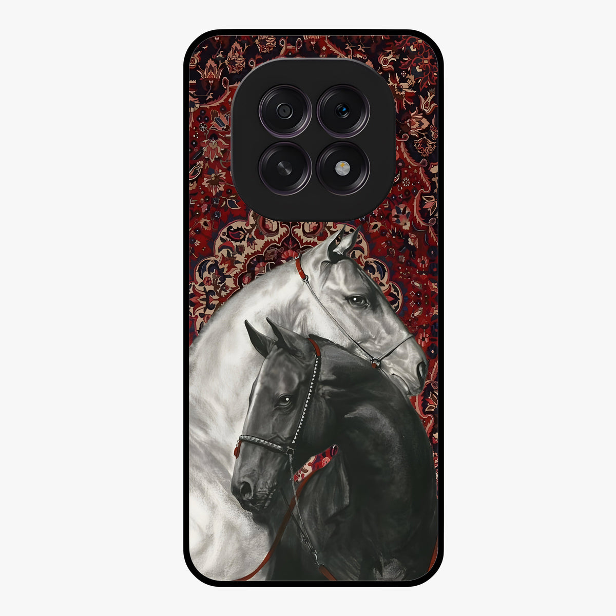 Regal Stallion Tapestry Glass Case showing flat back view with majestic horse tapestry artwork and glossy glass finish.