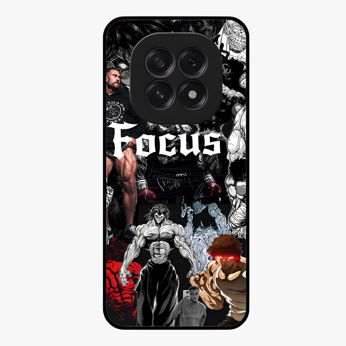 Relentless Power Focus Glass Case showing flat back view with motivational typography artwork and glossy glass finish.