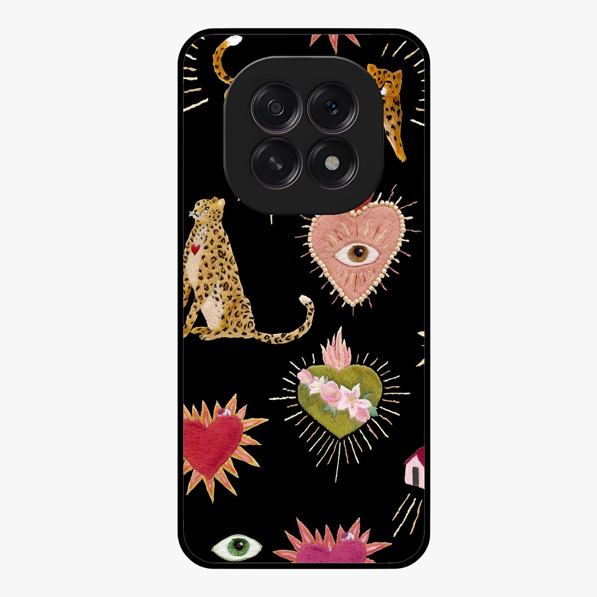 Sacred Jungle Heart Glass Case showing flat back view with jungle inspired heart artwork and glossy glass finish.