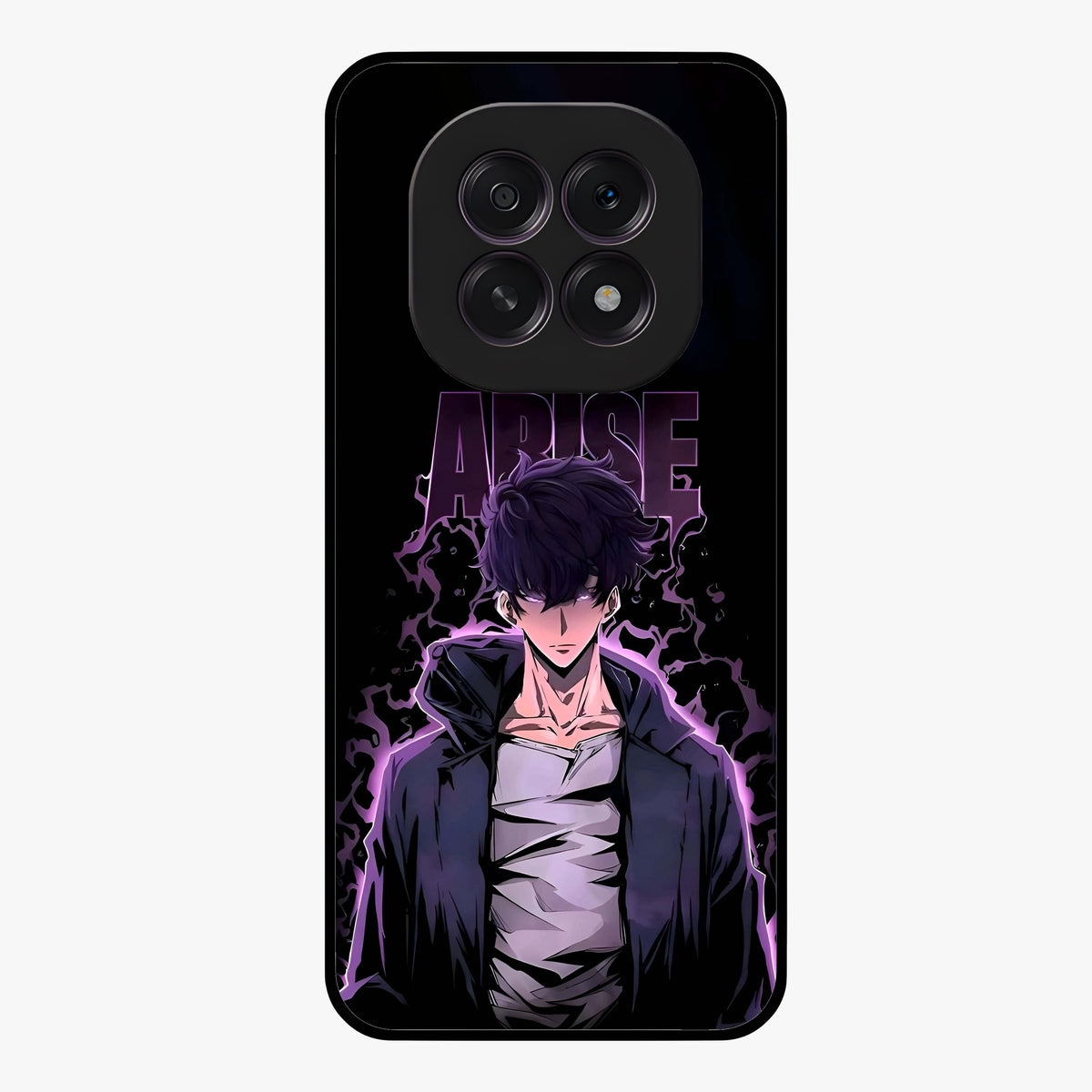 Shadow Monarch Awakening Glass Case showing flat back view with powerful dark monarch themed artwork and glossy glass finish.
