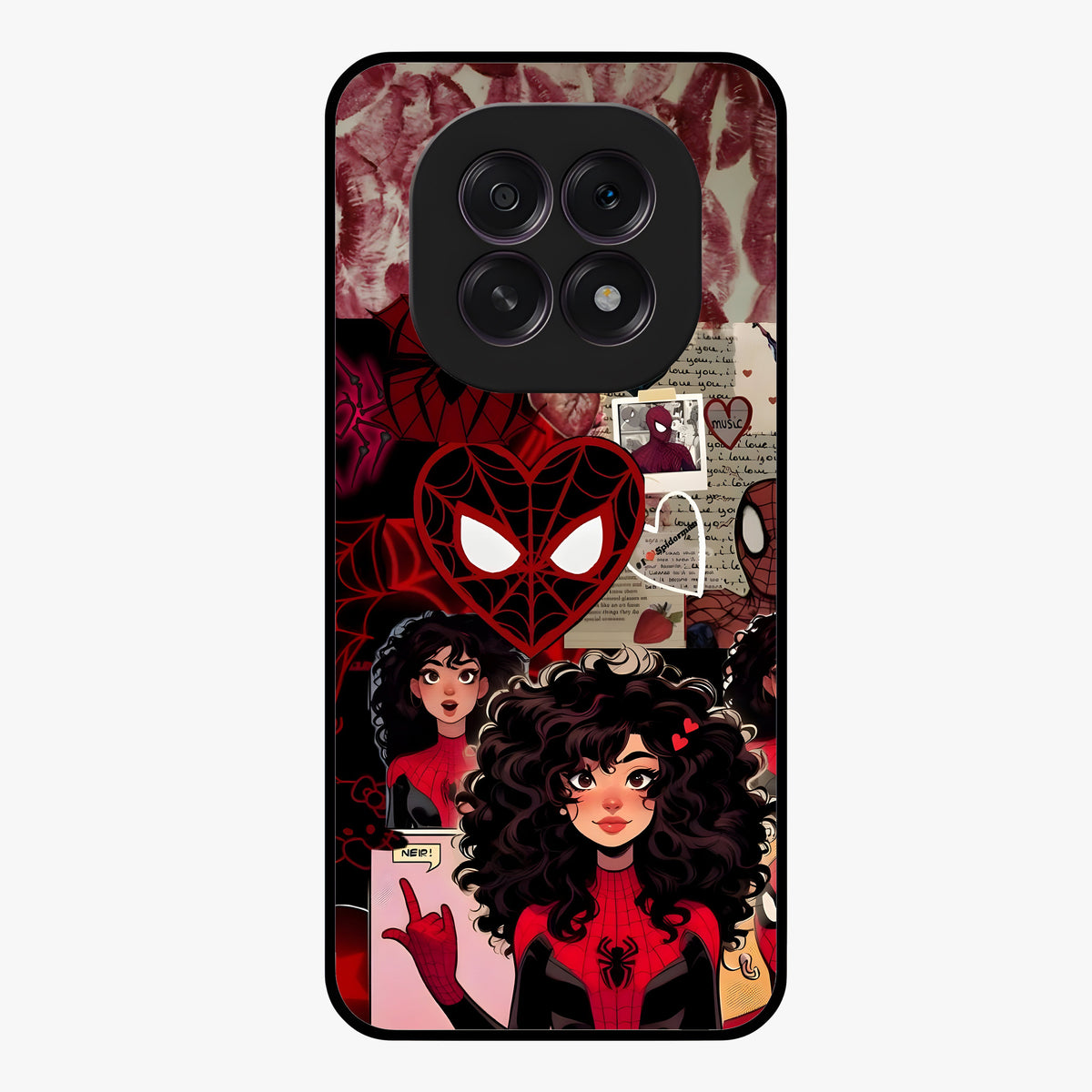 Spider Love Story Glass Case showing flat back view with romantic superhero themed artwork and glossy glass finish.
