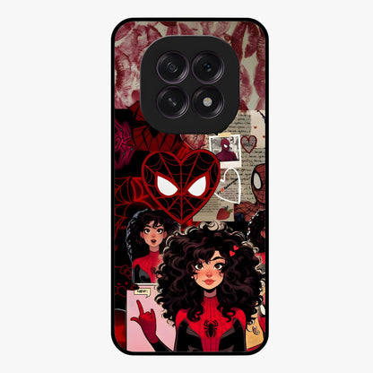 Spider Love Story Glass Case showing flat back view with romantic superhero themed artwork and glossy glass finish.