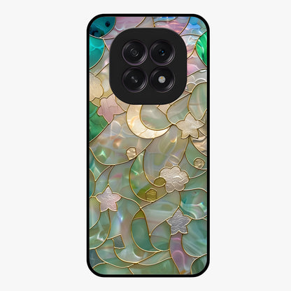 Stained Sunrise Glow Glass Case showing flat back view with glowing sunrise stained pattern artwork and glossy glass finish.