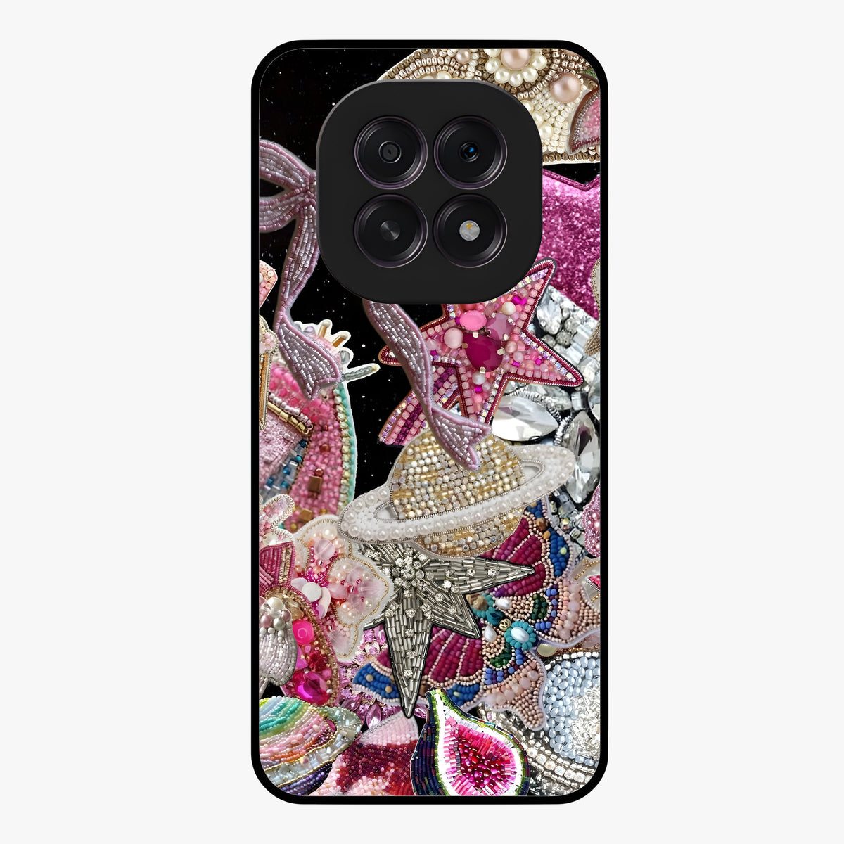 Starlit Jewel Dream Glass Case showing flat back view with sparkling jewel and star themed artwork and glossy glass finish.