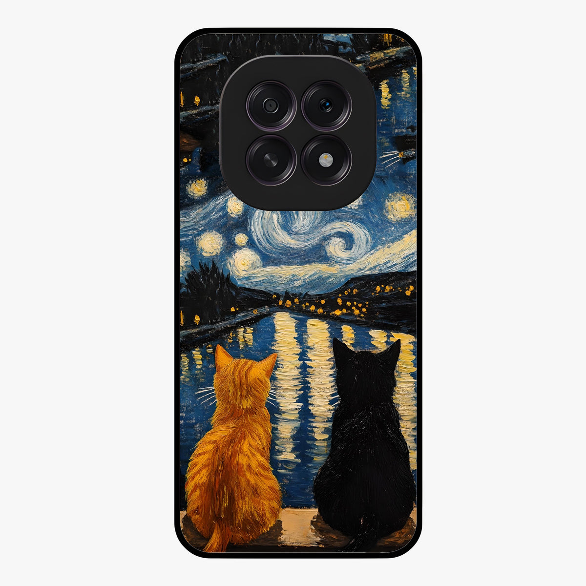Starry River Cats Glass Case showing flat back view with cats by a starry river artwork and glossy glass finish.