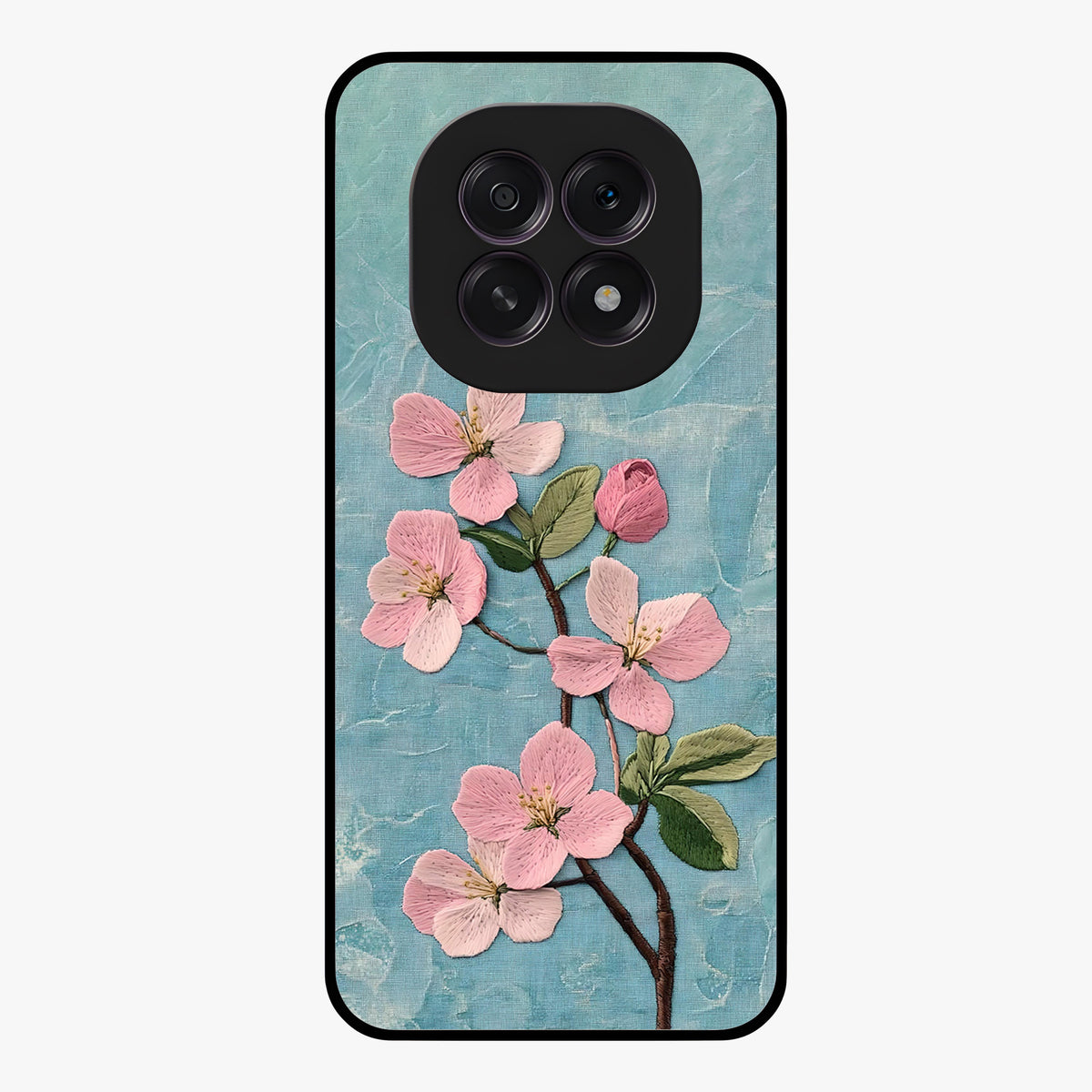 Threaded Blossom Breeze Glass Case showing flat back view with delicate blossom artwork and glossy glass finish.