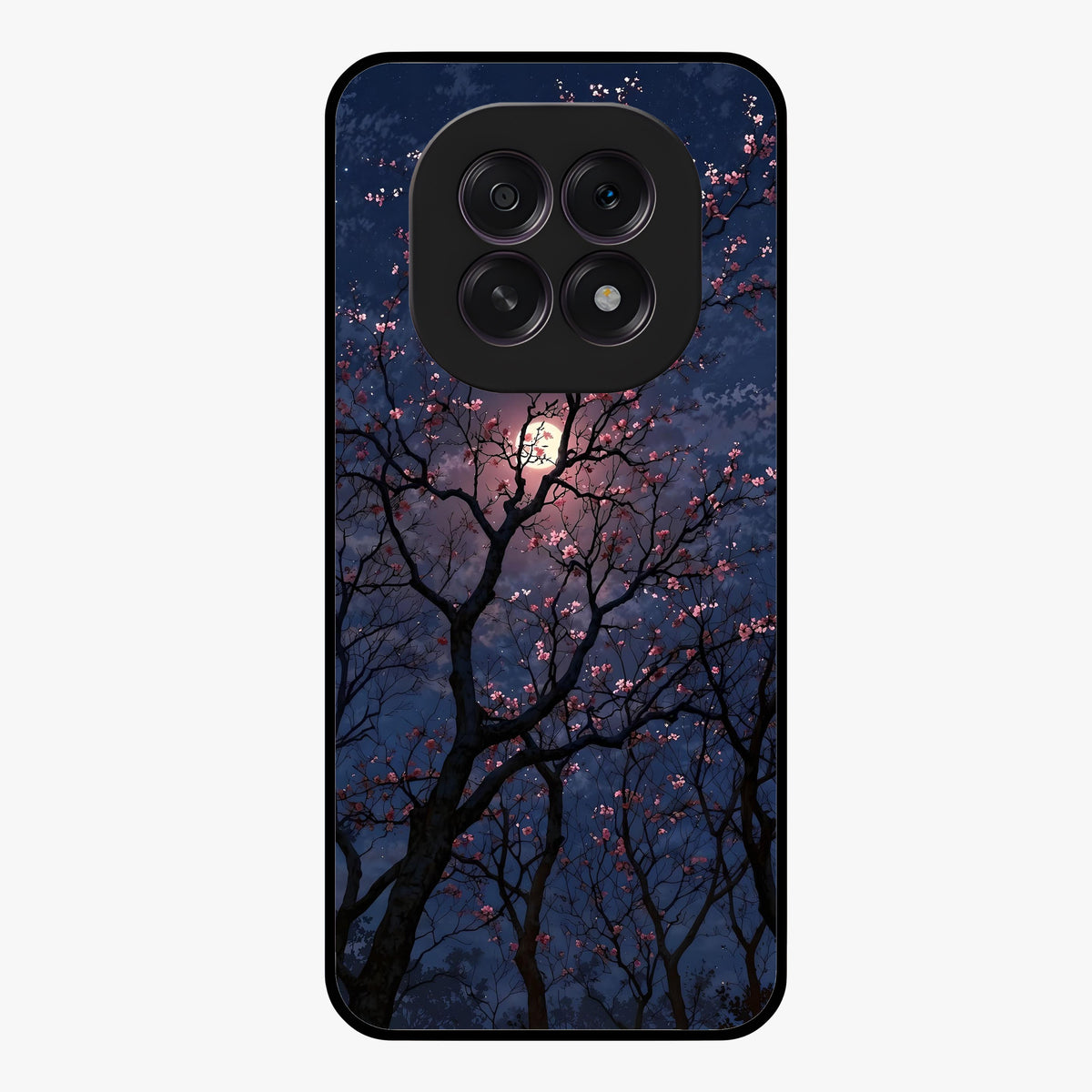 Twilight Sakura Serenade Glass Case showing flat back view with cherry blossom artwork at twilight and glossy glass finish.
