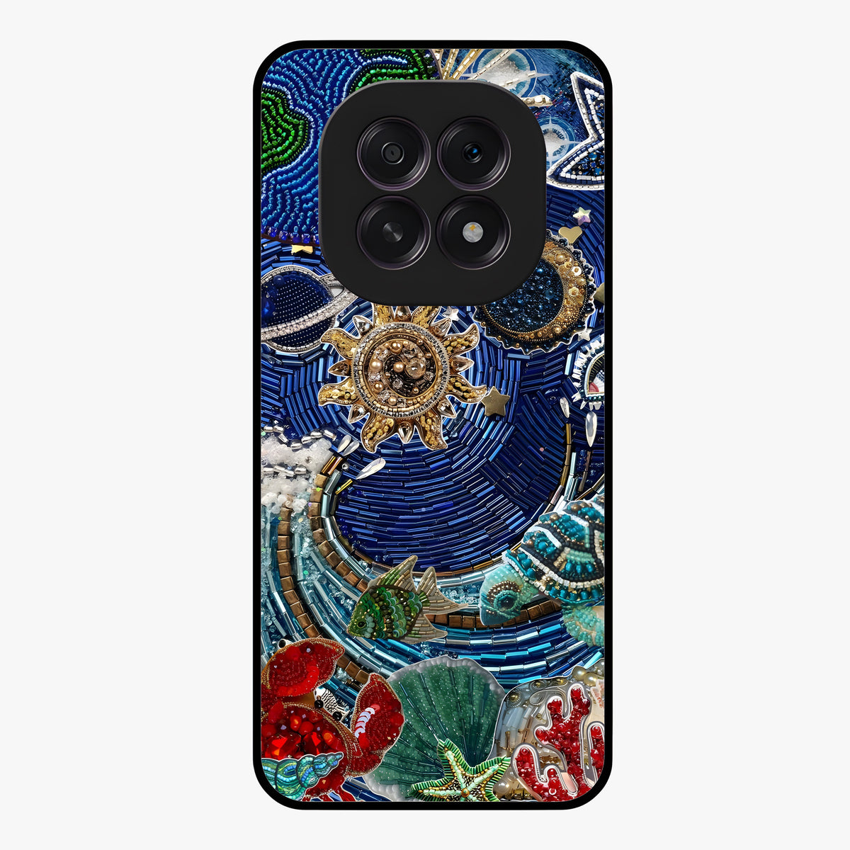 Universe Underwater Spark Glass Case showing flat back view with cosmic underwater themed artwork and glossy glass finish.