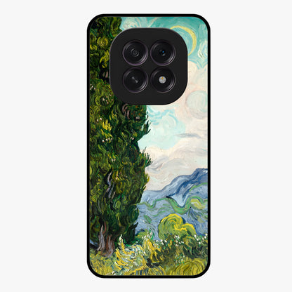 Van Gogh Vintage Art Glass Case showing flat back view with vintage painterly artwork inspired by Van Gogh style and glossy glass finish.