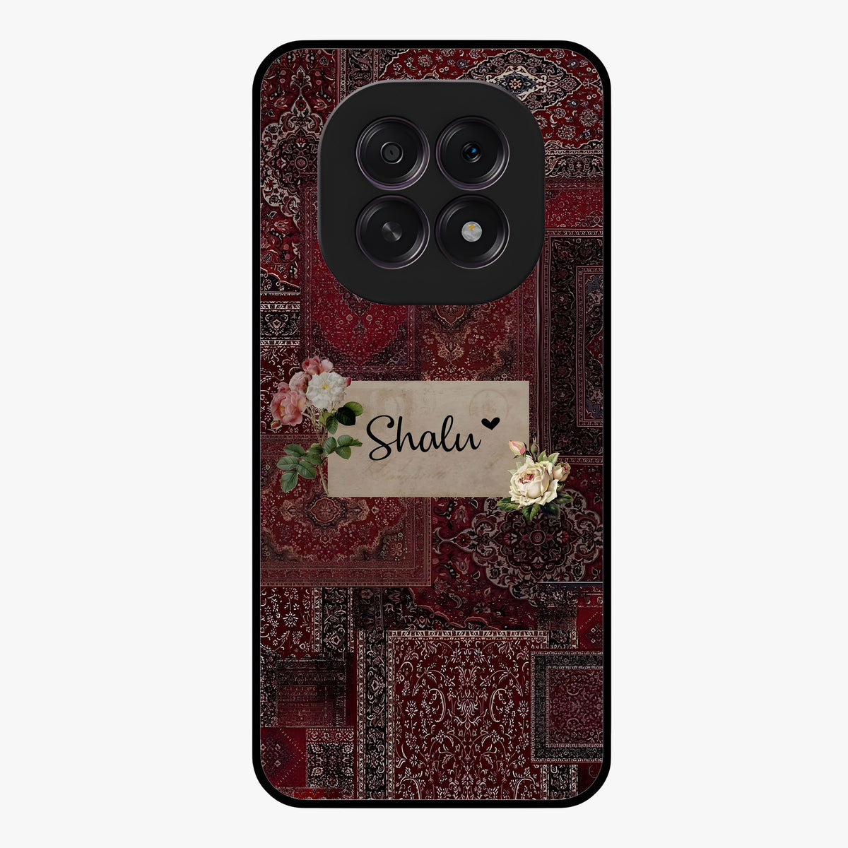 Velvet Wine Pattern Custom Name Glass Case showing flat back view with elegant wine colored pattern artwork and personalized name design.