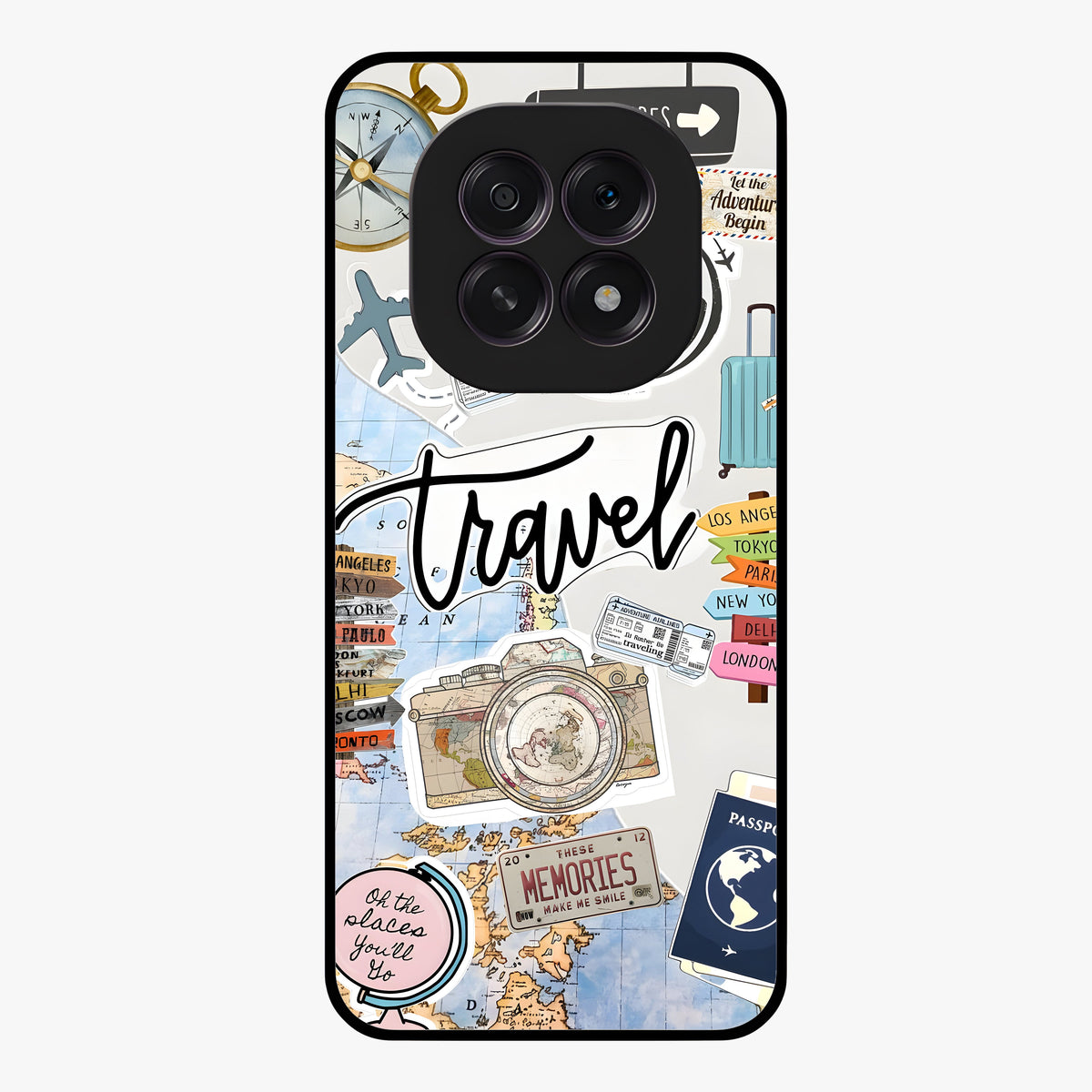 Wanderlust Journal Glass Case showing flat back view with travel inspired artwork and glossy glass finish.