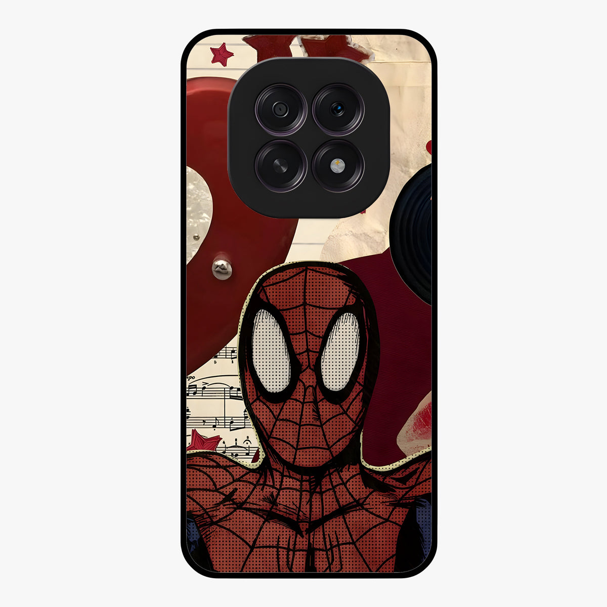 Web Warrior Vibes Glass Case showing flat back view with superhero inspired web themed artwork and glossy glass finish.