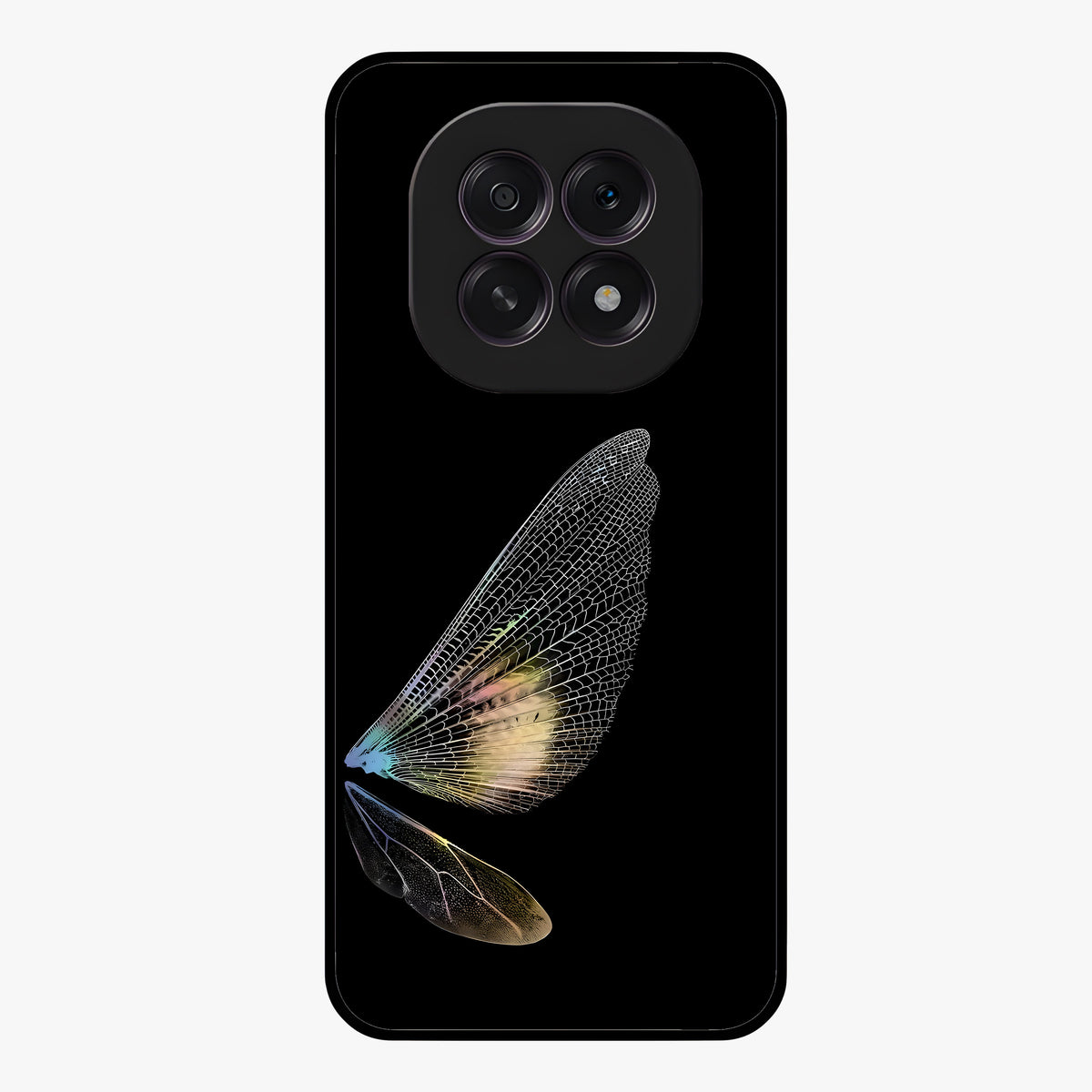 Whispers Of Wings Glass Case showing flat back view with graceful wing inspired artwork and glossy glass finish.