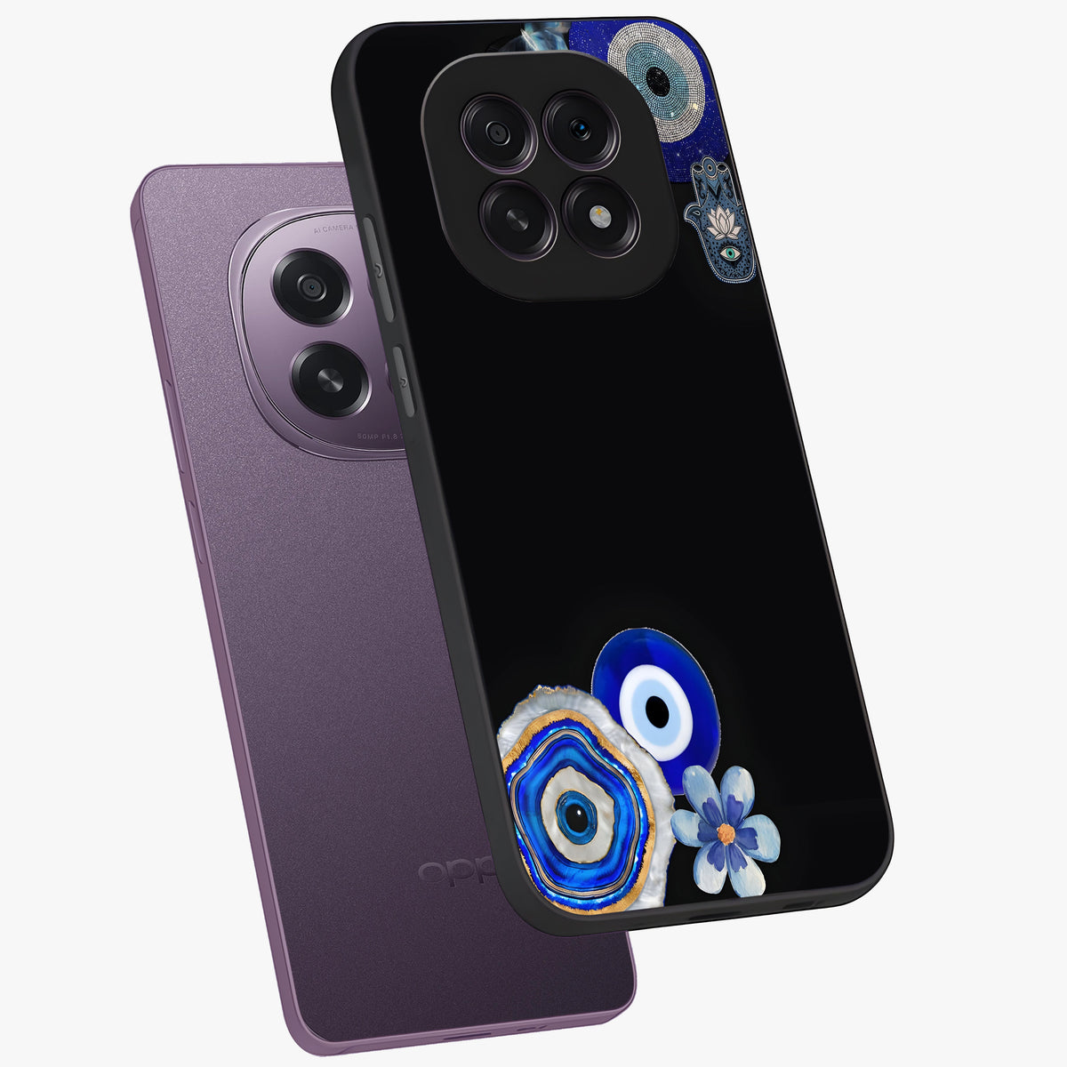 Aesthetic Blue Evil Eye Glass Case displayed in angled mockup highlighting blue evil eye symbol and spiritual aesthetic design.