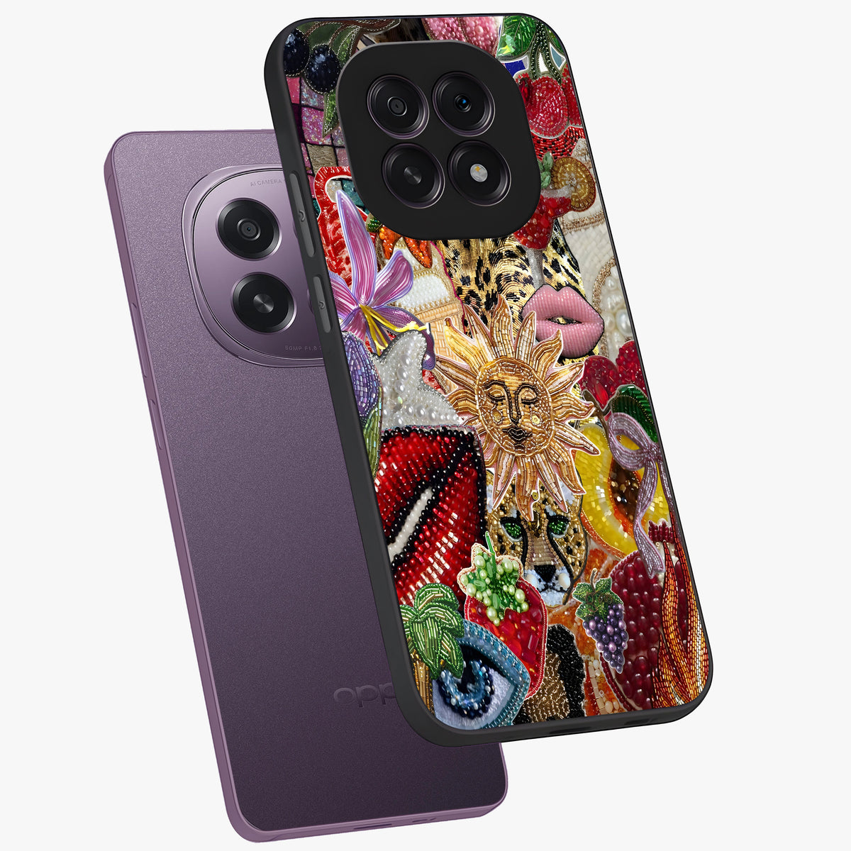 Beaded Fashion Jungle Glass Case displayed in angled mockup highlighting colorful fashion bead design and artistic pattern.