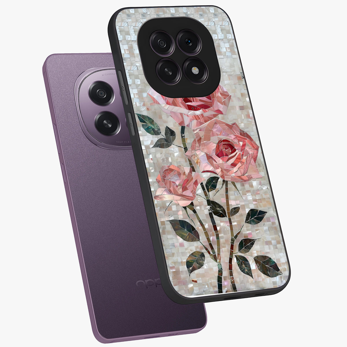 Blush Mosaic Bloom Glass Case displayed in angled mockup highlighting artistic mosaic flower pattern with aesthetic design.