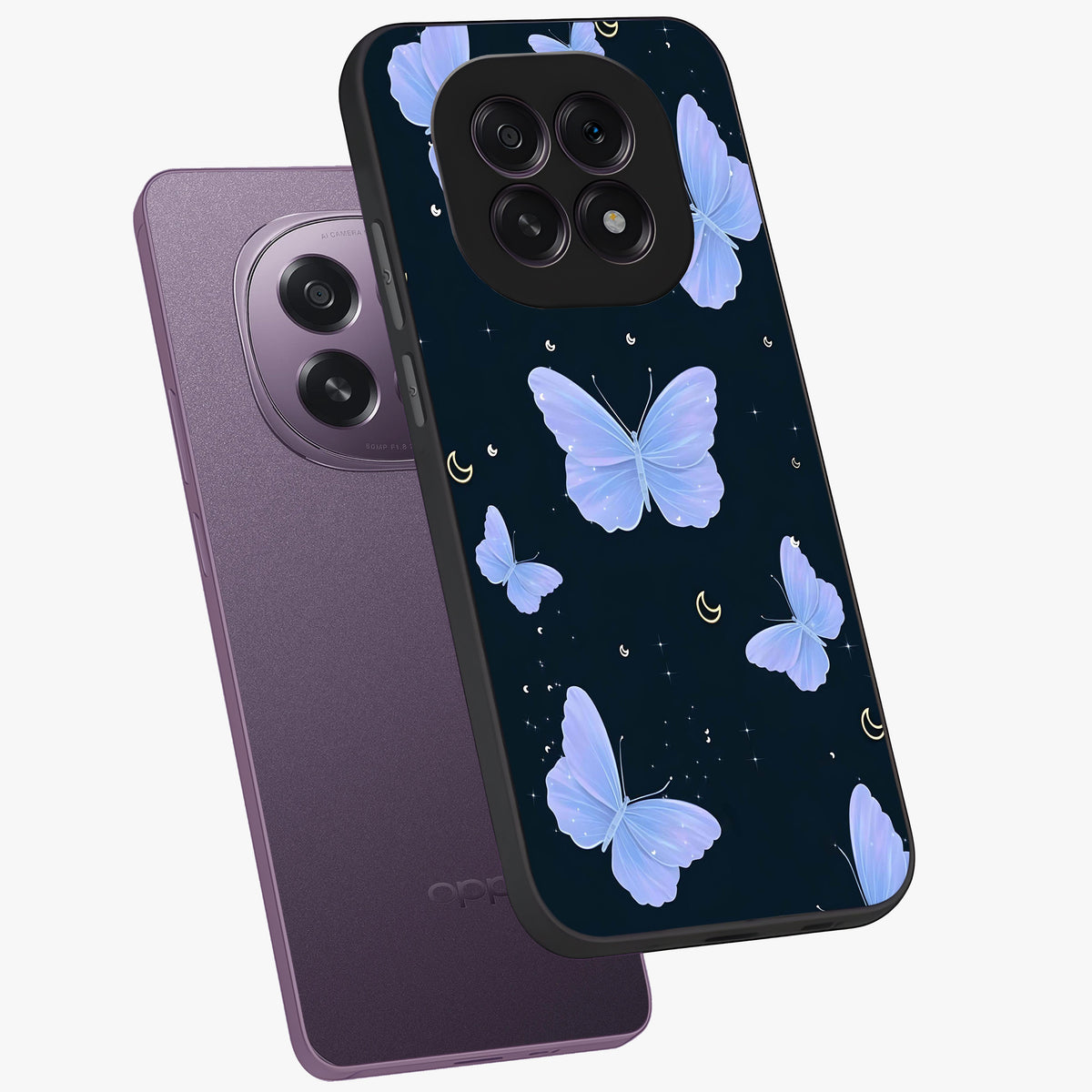 Butterfly With Stars Pattern Glass Case displayed in angled mockup highlighting dreamy butterfly and star design with aesthetic theme.