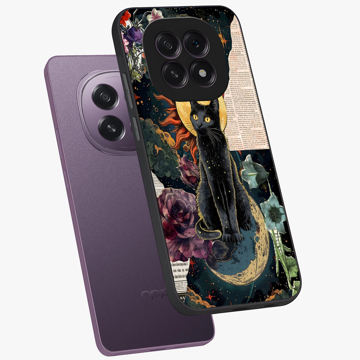 Celestial Black Cat Glass Case displayed in angled mockup highlighting cosmic black cat design with celestial aesthetic.