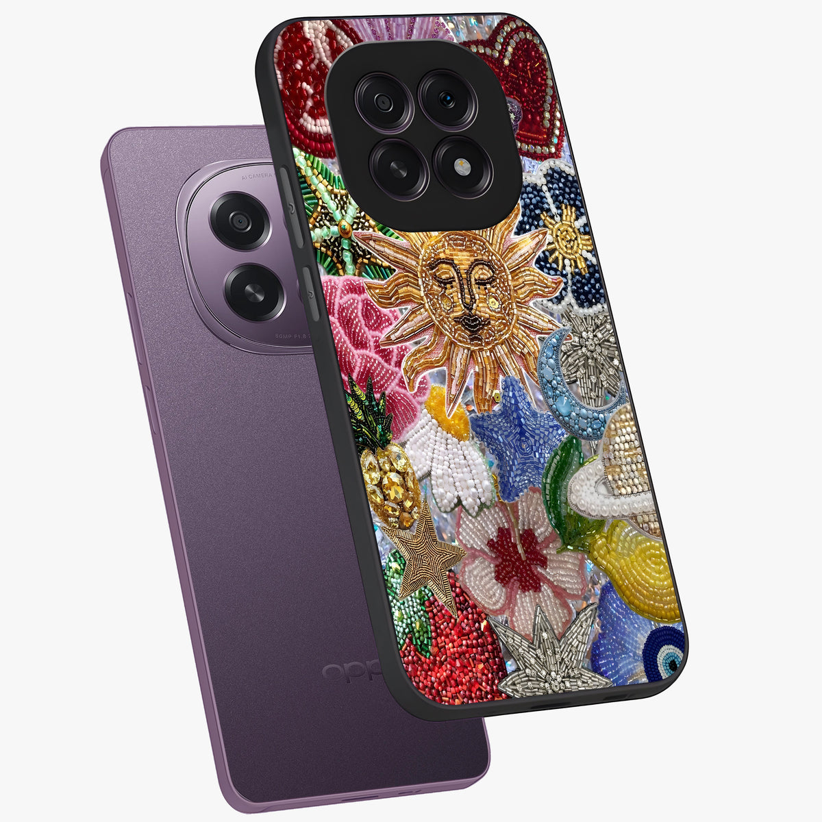 Celestial Floral and Playful Glass Case displayed in angled mockup highlighting playful floral design with dreamy celestial elements.