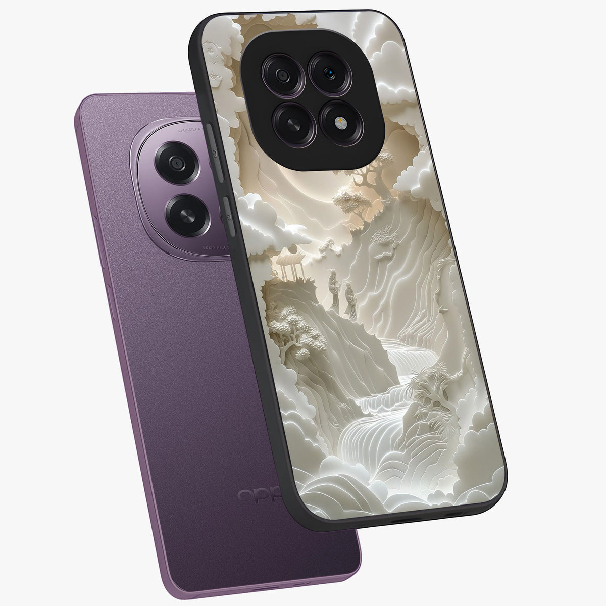 Celestial Origami Glass Case displayed in angled mockup highlighting geometric origami design with cosmic aesthetic theme.