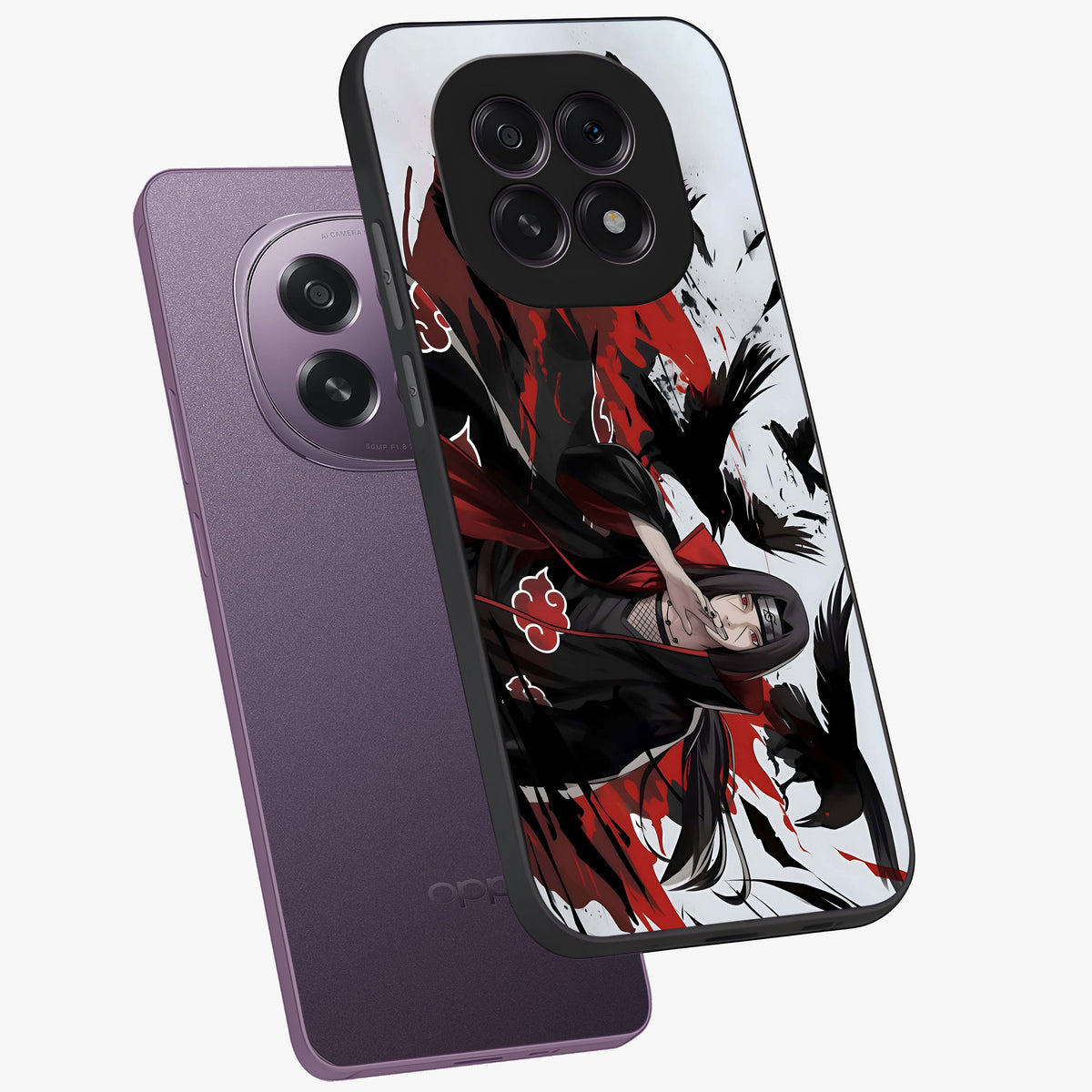 Crimson Crow Illusion Glass Case displayed in angled mockup highlighting mysterious crow graphic with dark aesthetic style.