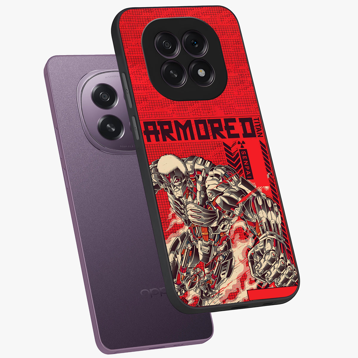Crimson Mecha Titan Glass Case displayed in angled mockup highlighting futuristic mech illustration with bold crimson aesthetic.
