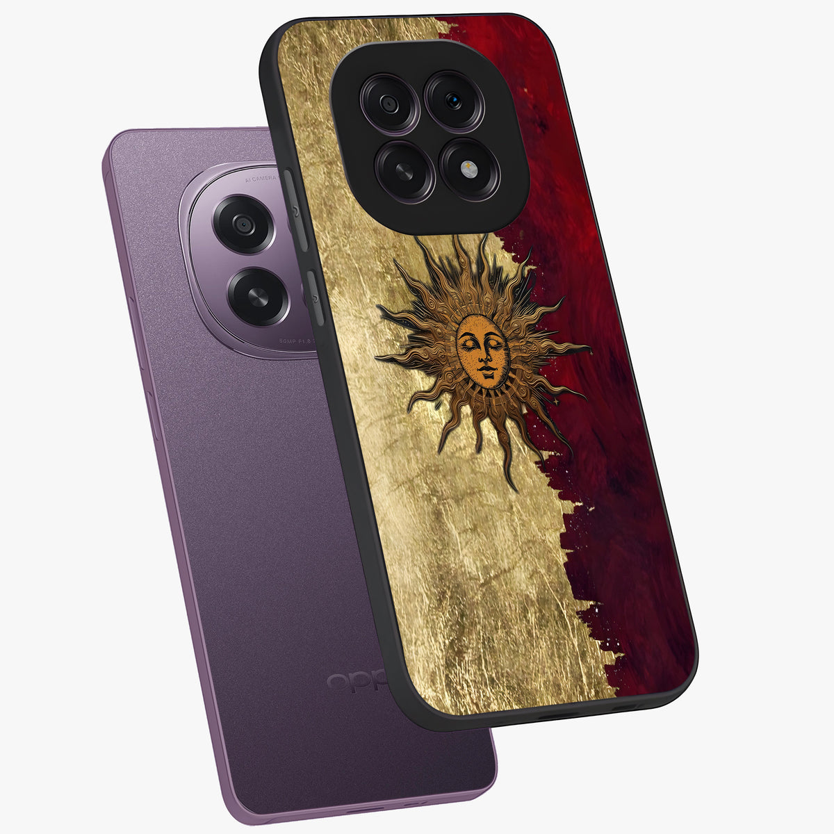 Crimson Sun Majesty Glass Case displayed in angled mockup highlighting majestic crimson sun design with bold aesthetic style.