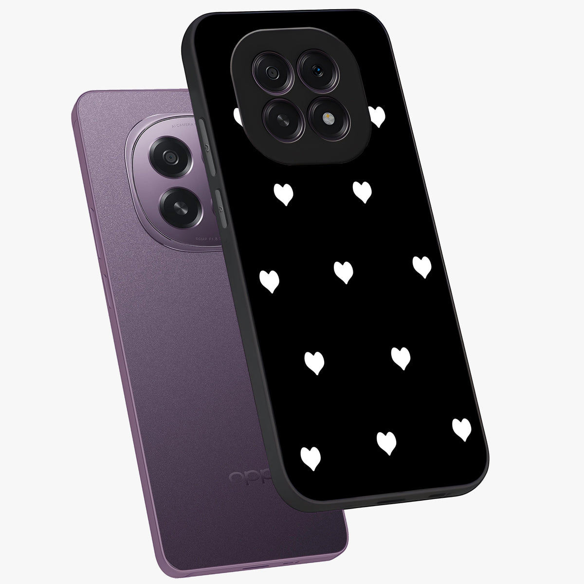 Cute And Simple White Hearts Glass Case displayed in angled mockup highlighting cute heart design with clean aesthetic style.
