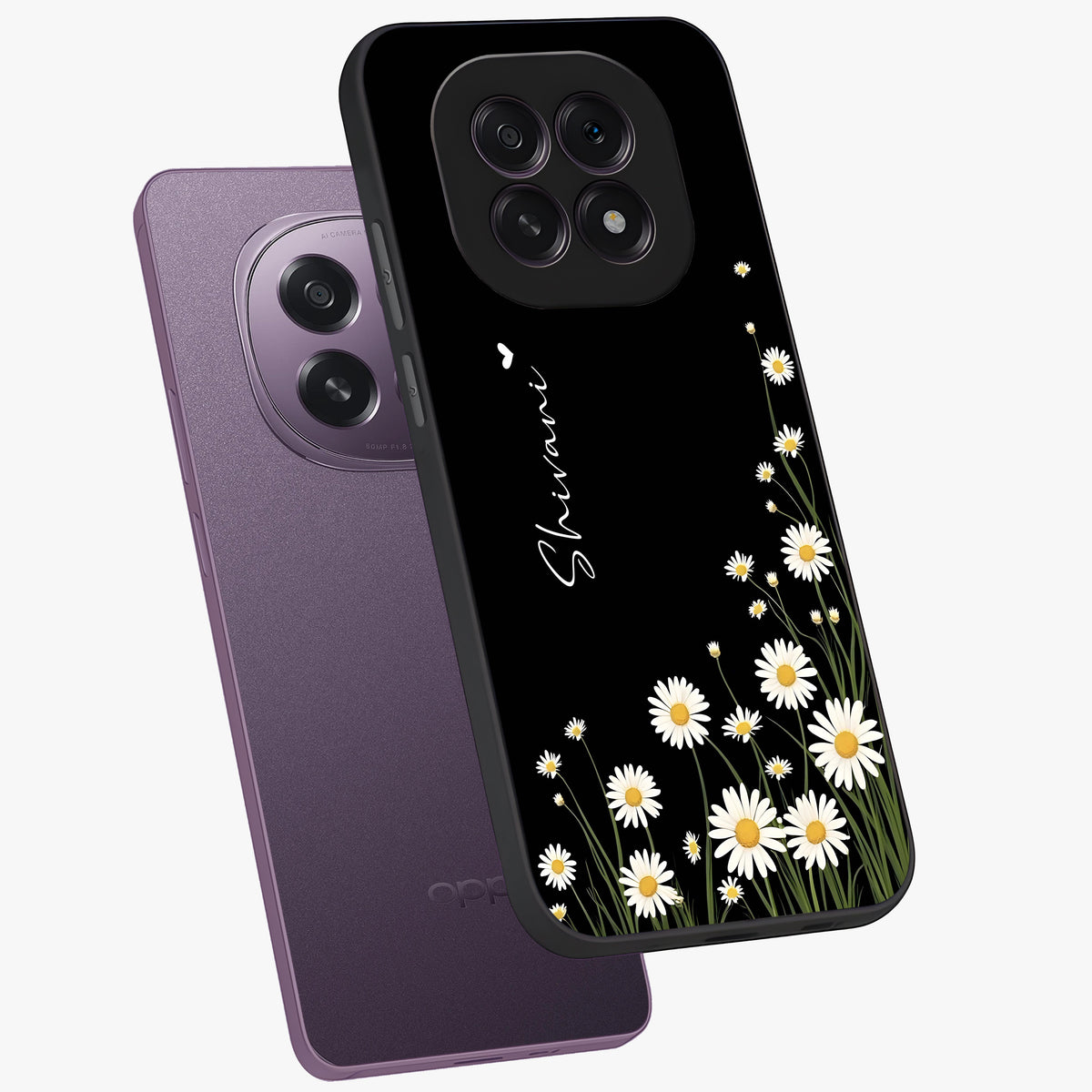 Daisy Cascade Custom Name Glass Case displayed in angled mockup highlighting delicate daisy artwork with custom name feature.