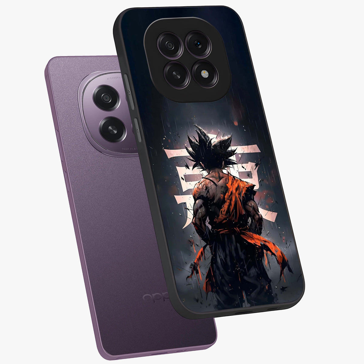 Dark Warrior In Rain Glass Case displayed in angled mockup highlighting dramatic warrior illustration with dark rain aesthetic.