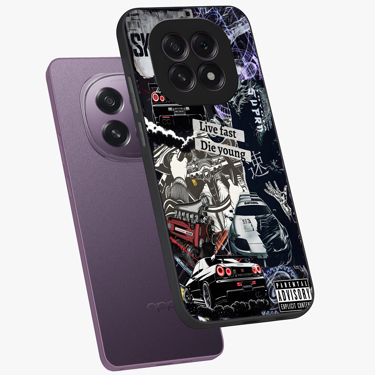 Die Young Glass Case displayed in angled mockup highlighting expressive graphic artwork with edgy aesthetic style.