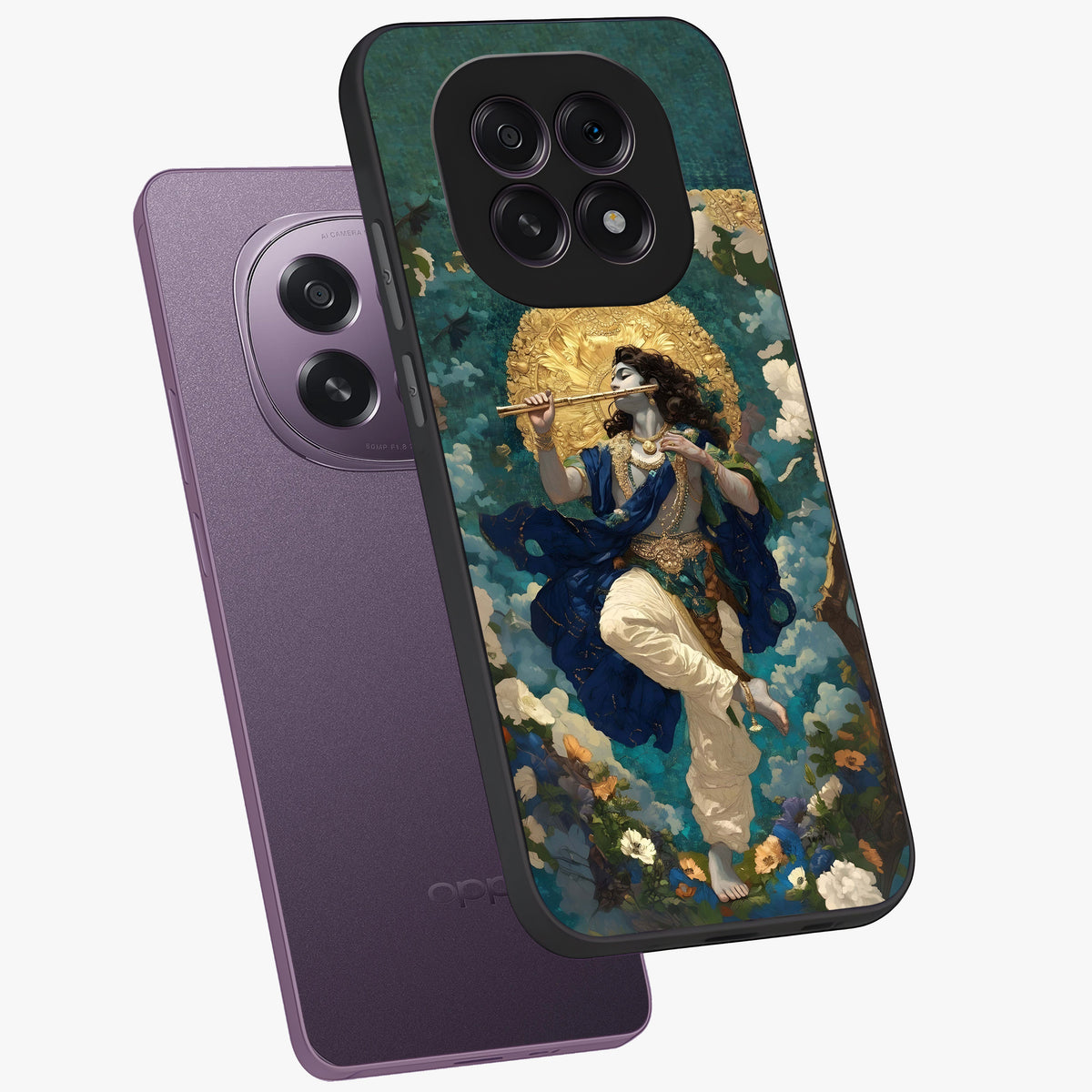 Divine Krishna Art Glass Case displayed in angled mockup highlighting spiritual Krishna illustration with devotional aesthetic.