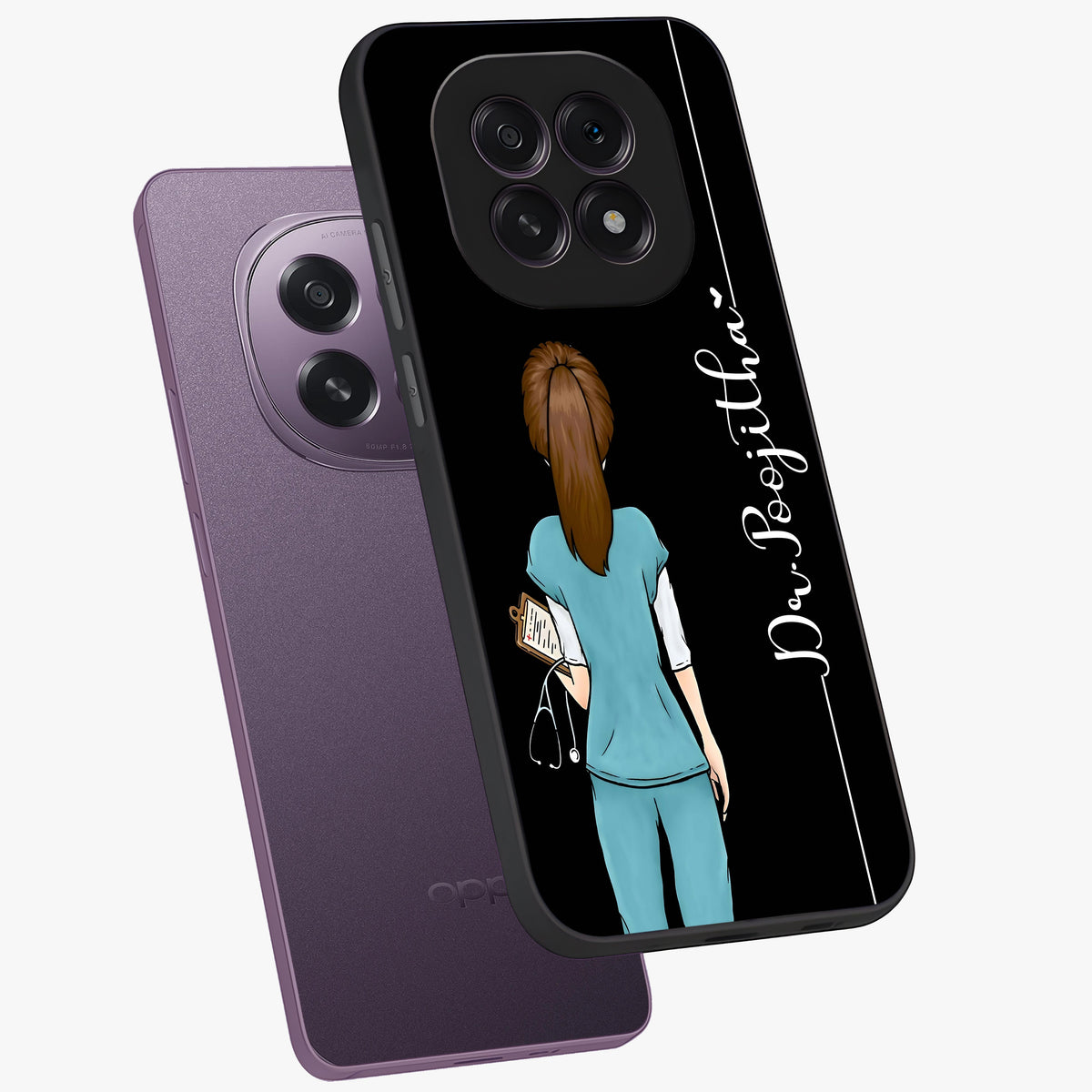 Doctor Pattern Custom Name Glass Case displayed in angled mockup highlighting doctor inspired artwork with custom name feature.