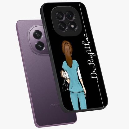 Doctor Pattern Custom Name Glass Case displayed in angled mockup highlighting doctor inspired artwork with custom name feature.