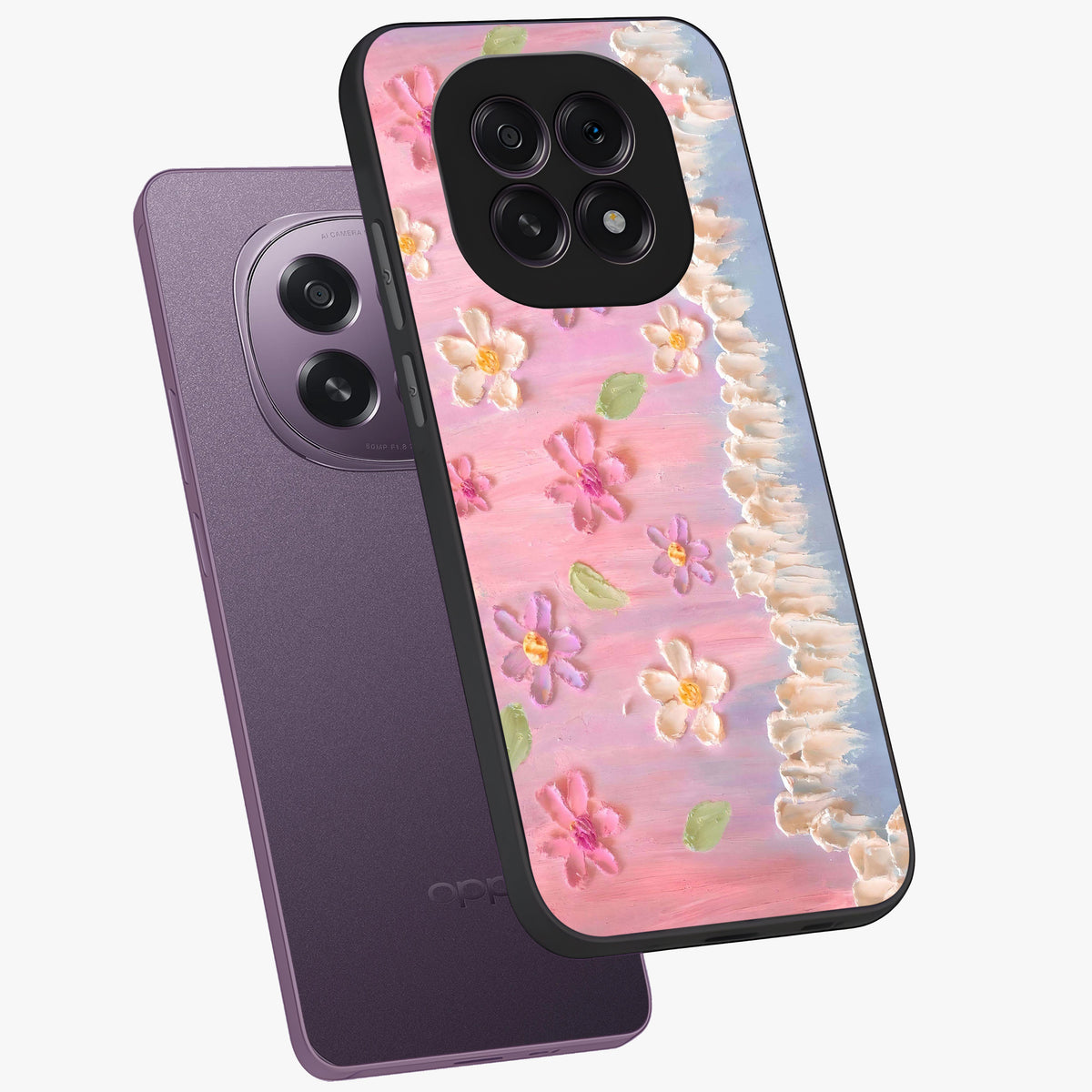 Dreamy Painted Garden Glass Case displayed in angled mockup highlighting colorful garden illustration with dreamy aesthetic style.