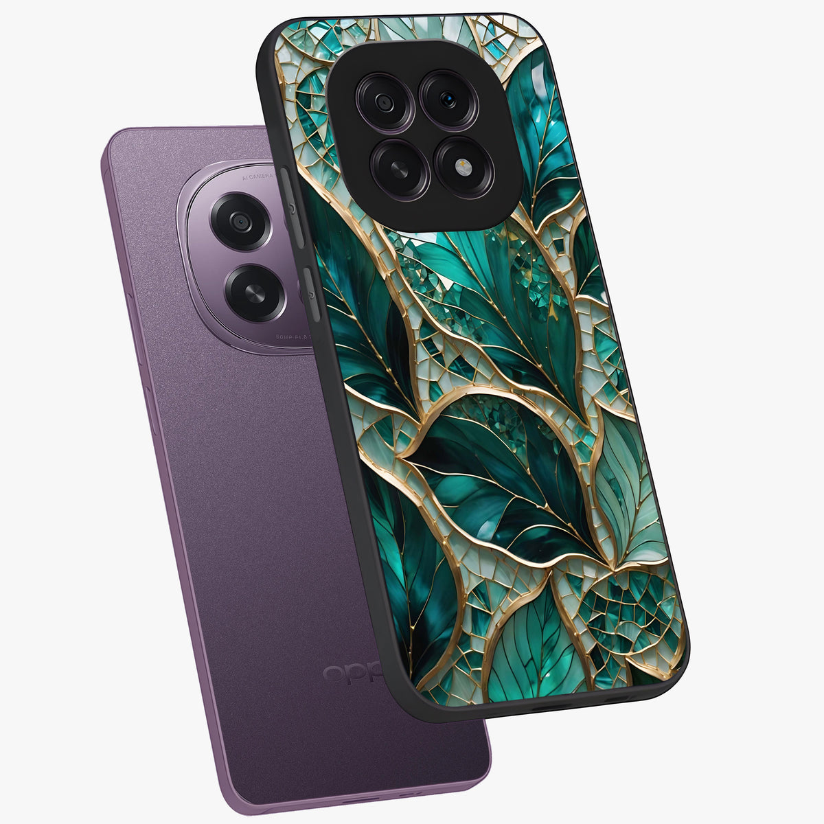 Emerald Leaf Glass Glass Case displayed in angled mockup highlighting botanical leaf illustration with elegant natural aesthetic.