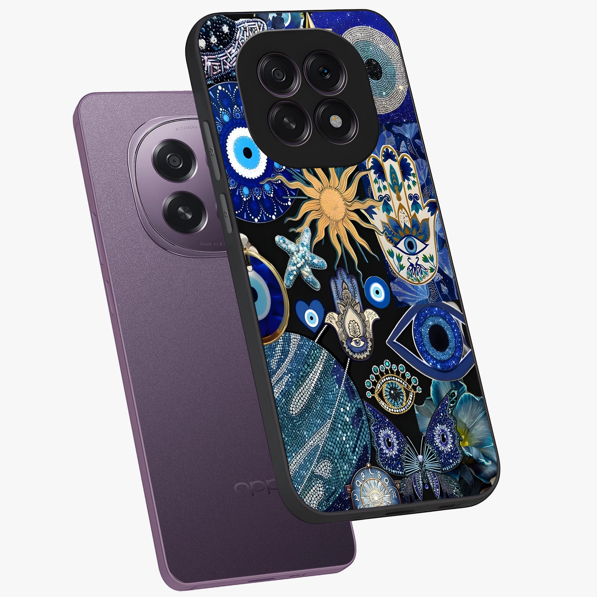 Evil Eye Charm Mix Glass Case displayed in angled mockup highlighting protective evil eye symbols with spiritual aesthetic design.