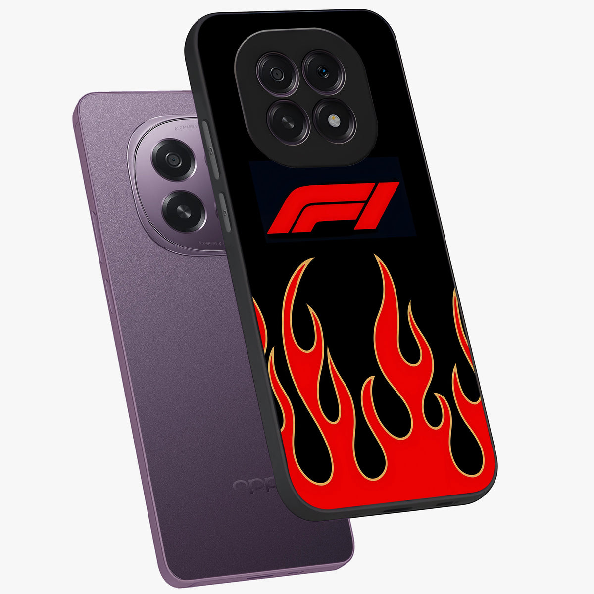 Fire F11 Glass Case displayed in angled mockup highlighting bold fire inspired graphic with energetic aesthetic style.