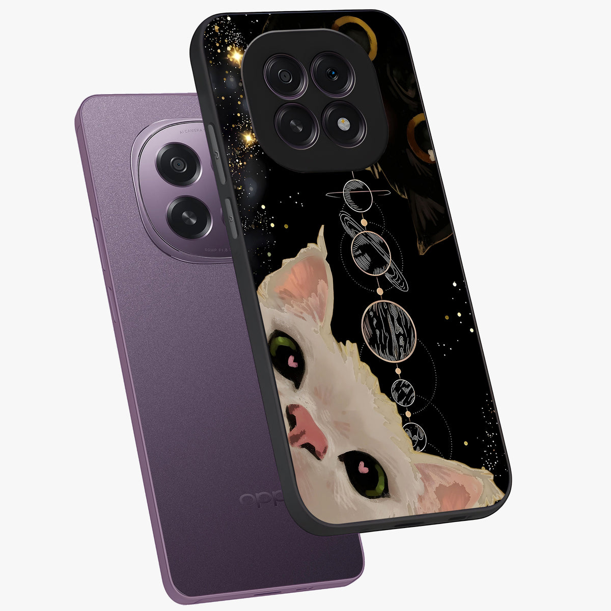 Galactic Cat Glass Case displayed in angled mockup highlighting celestial feline illustration with galaxy aesthetic style.
