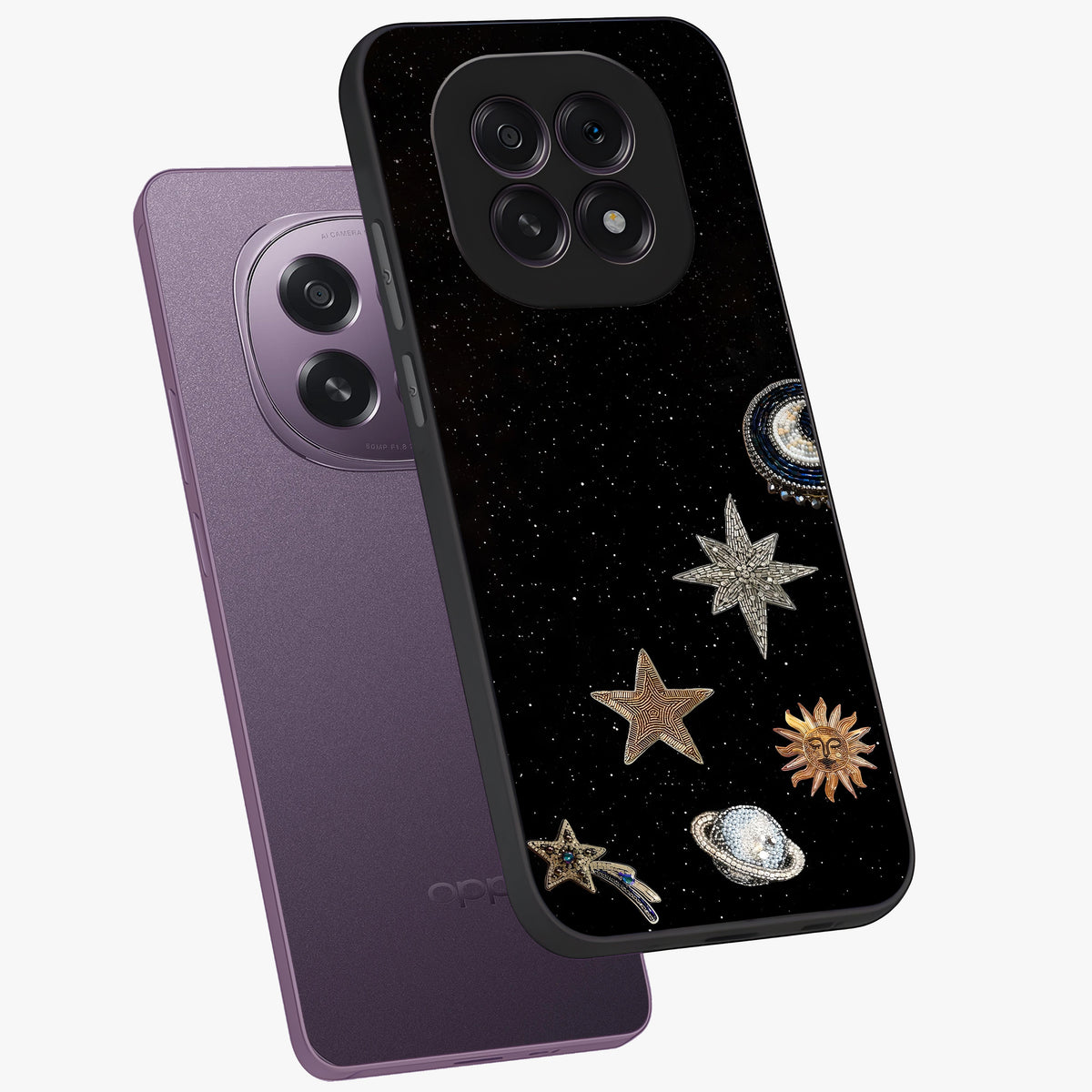 Galactic Charm Glow Glass Case displayed in angled mockup highlighting luminous galaxy inspired design with dreamy aesthetic.