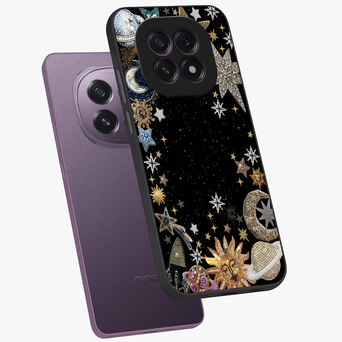Galactic Jewel Stars Glass Case displayed in angled mockup highlighting shining celestial star design with cosmic aesthetic style.
