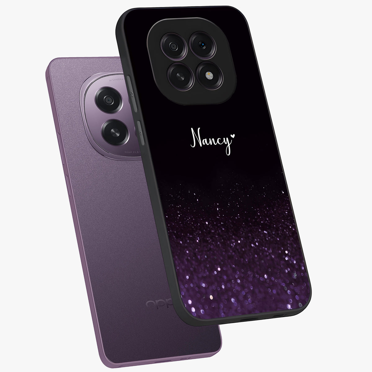 Glittery Purple Bokeh Custom Name Glass Case displayed in angled mockup highlighting glitter bokeh pattern with custom name feature.