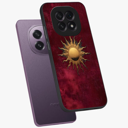 Golden Sun Minimalism Glass Case displayed in angled mockup highlighting clean sun symbol design with modern minimal aesthetic.