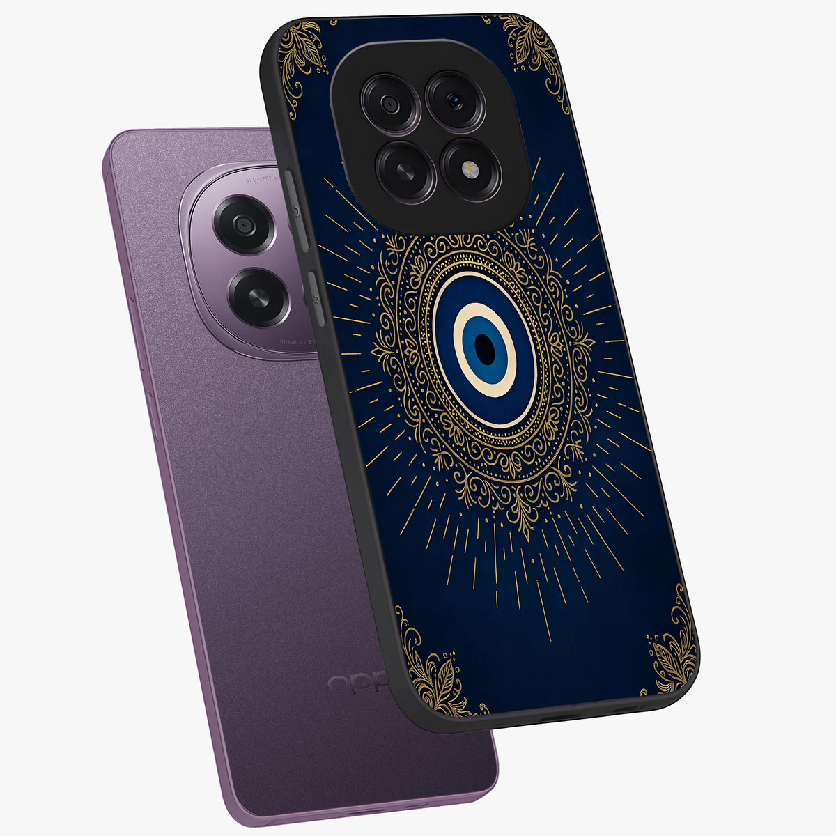 Golden Celestial Charm Glass Case displayed in angled mockup highlighting sparkling cosmic charm design with celestial aesthetic.