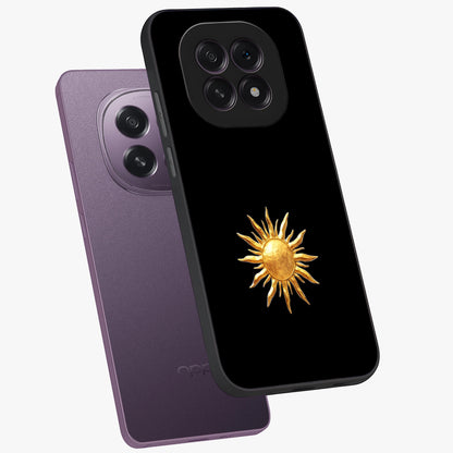 Golden Sun Minimalism Glass Case displayed in angled mockup highlighting eerie shadow illustration with gothic aesthetic.