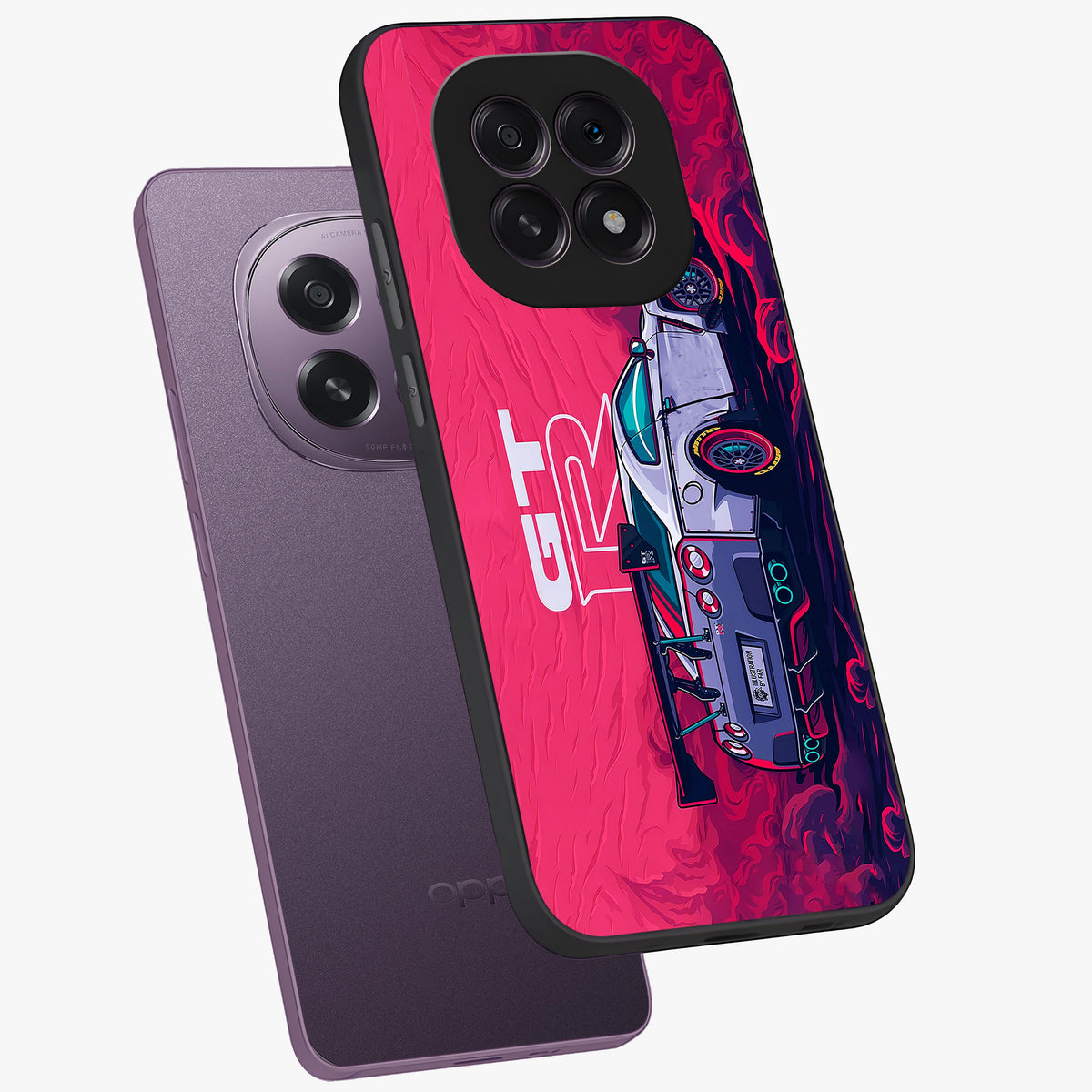GT-R Car Pattern Glass Case displayed in angled mockup highlighting racing car graphic design with bold automotive aesthetic.