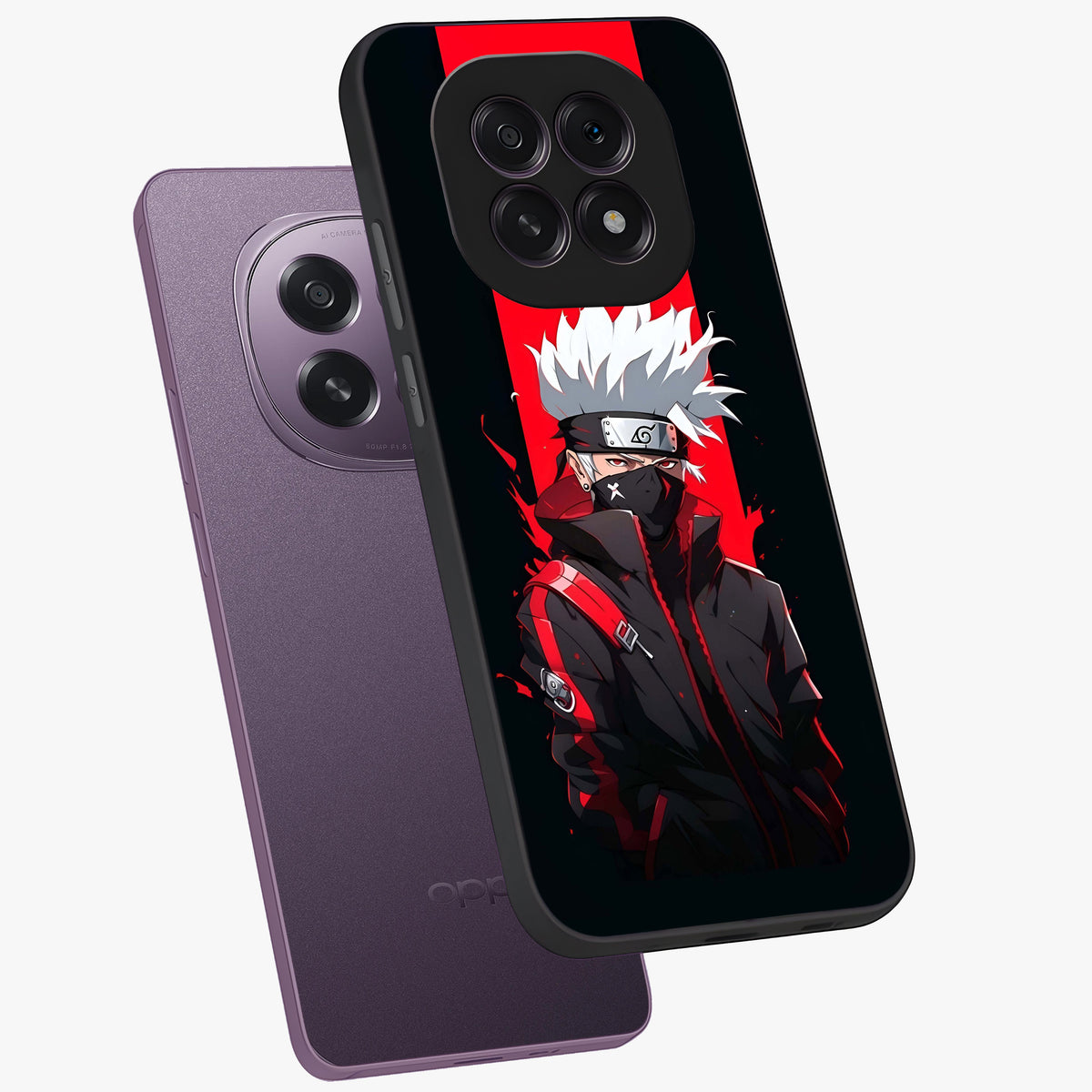 Kakashi Scarlet Shadow Glass Case displayed in angled mockup highlighting dramatic ninja illustration with scarlet themed aesthetic.
