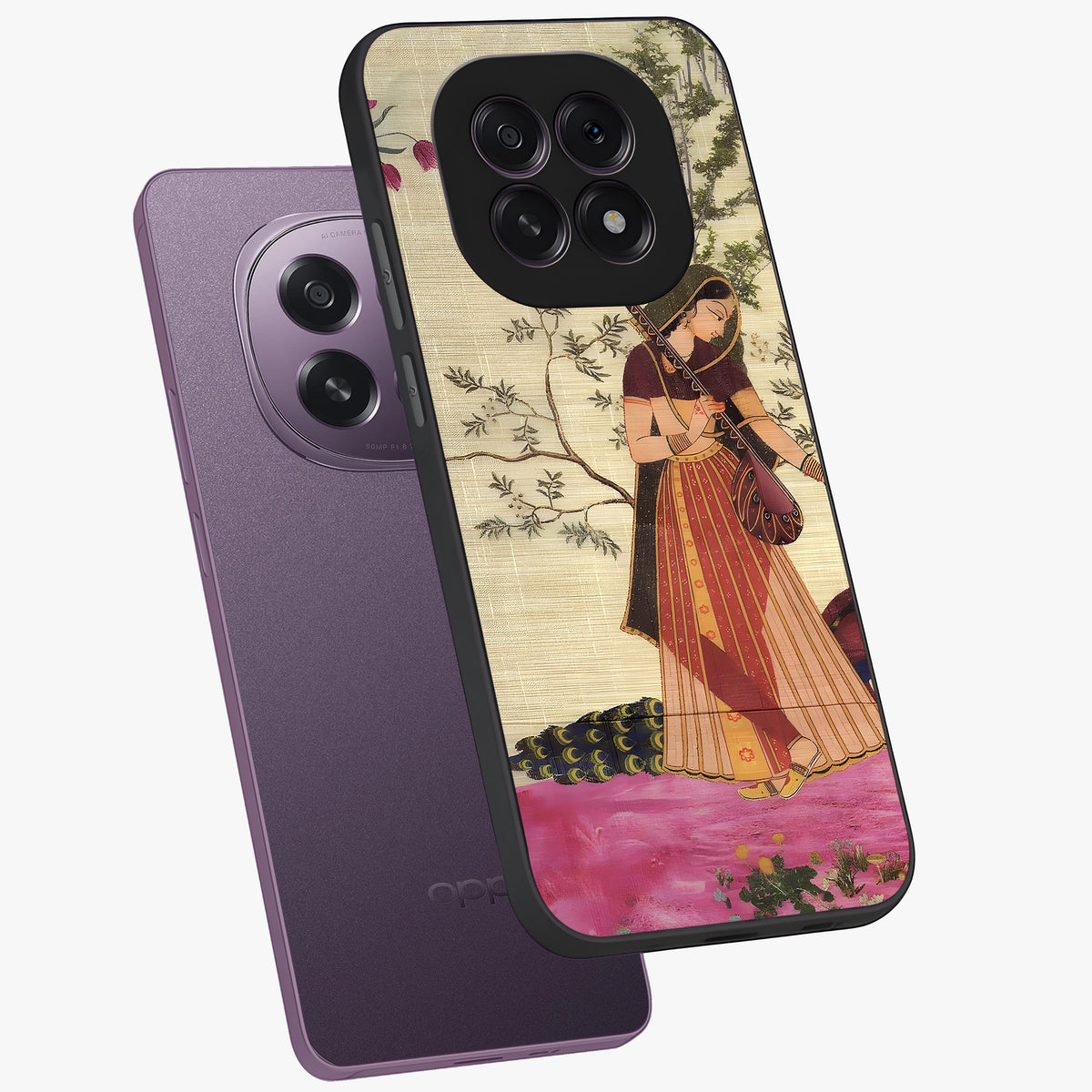 Lady With Veena Art Glass Case displayed in angled mockup highlighting graceful musical illustration with cultural artistic aesthetic.